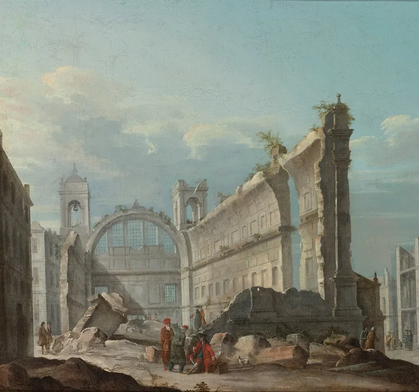 Capriccio With Figures In Front Of The Ruins Of A Church Wall Art by Pietro Bellotti - High-Resolution Digital Print