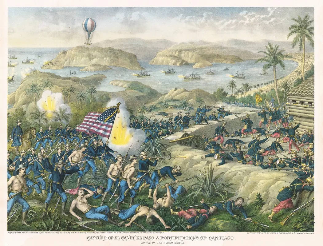 Capture Of El Caney El Paso Fortifications Of Santiago Charge Of The Rough Riders Wall Art by Kurz & Allison - High-Resolution Digital Print