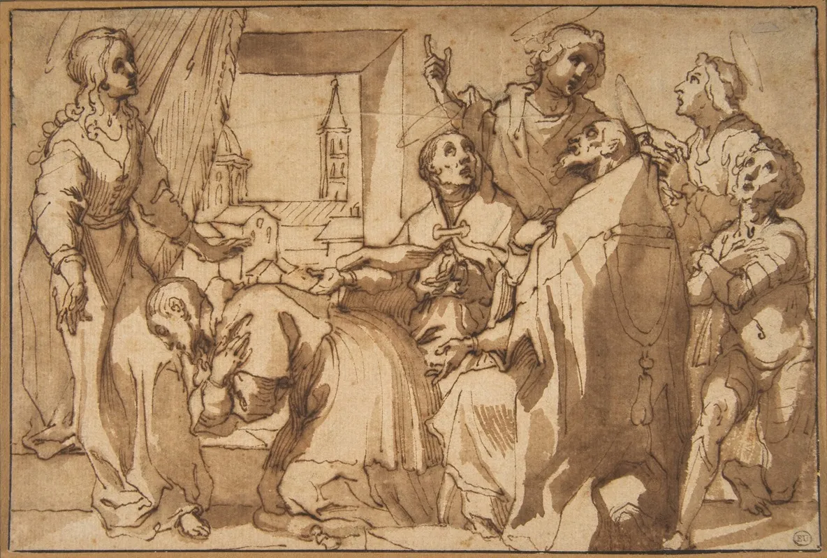 Cardinal Paolo Sfondrato Kneeling Before Saint Cecilia Accompanied By Other Saints