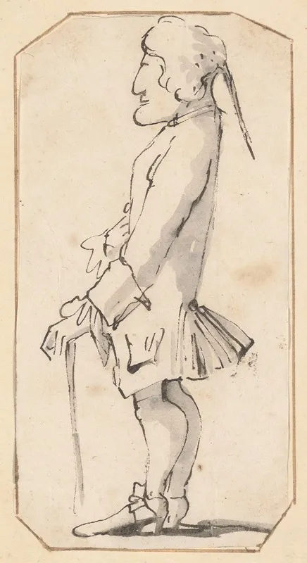 Caricature Of A Man Carrying A Stick Standing In Profile To The Left
