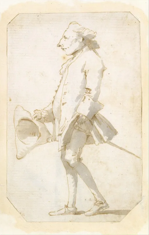 Caricature Of A Man Holding A Tricorne Walking To The Left