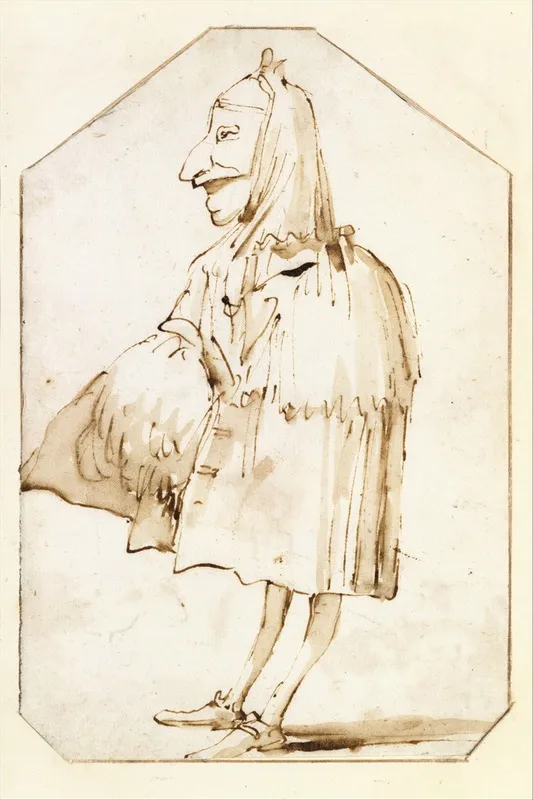Caricature Of A Man In A Mask And A Cloak Holding A Muff And A Tricorne Standing In Profile To The Left Wall Art by Giovanni Battista Tiepolo - High-Resolution Digital Print