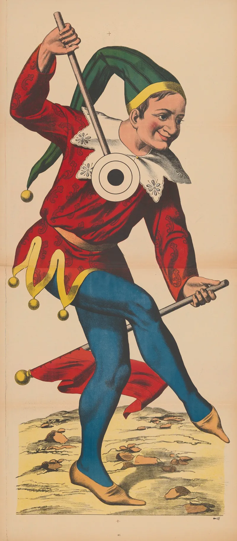 Carnival Figure Dressed As A Jester With A Flag And A Marotte With Concentric Circle Design Wall Art by René Ackermann - High-Resolution Digital Print