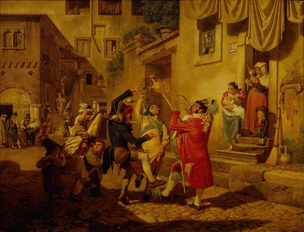 Carnival Gaiety In A Roman Street Wall Art by August Krafft - High-Resolution Digital Print