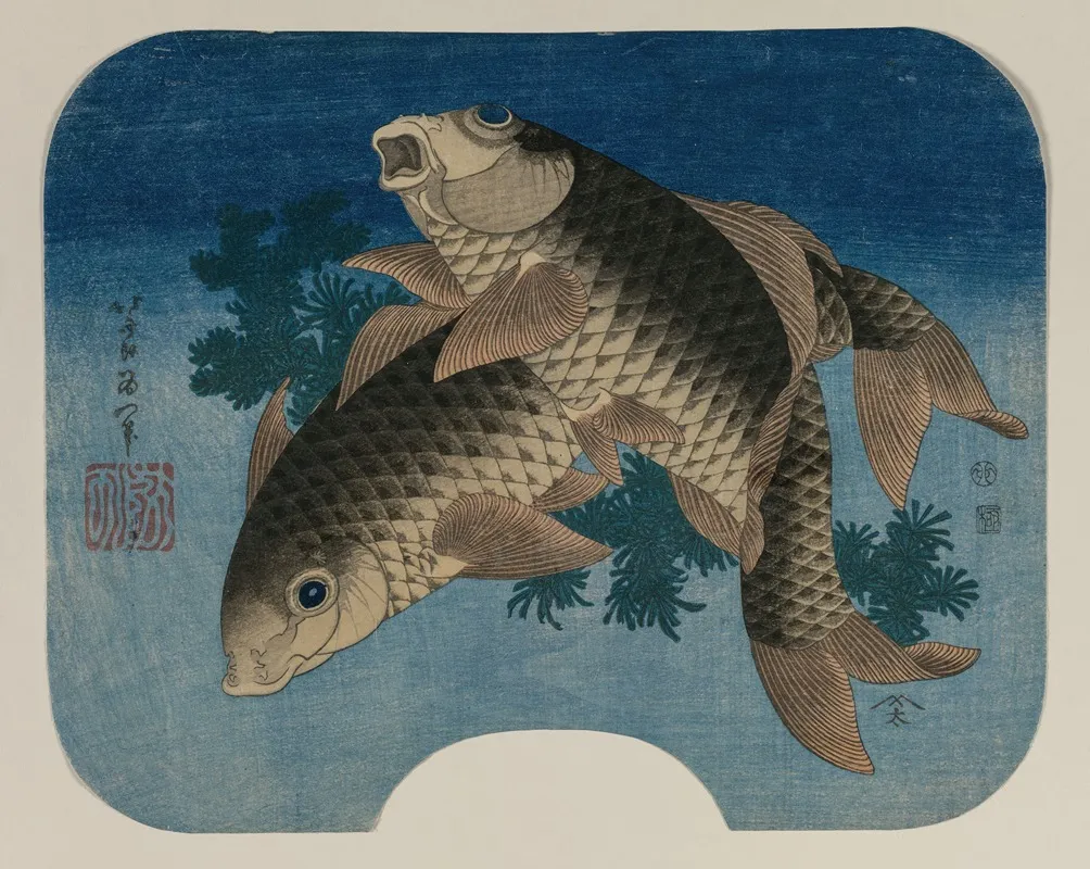Carp Swimming By Water Weeds Wall Art by Katsushika Hokusai - High-Resolution Digital Print