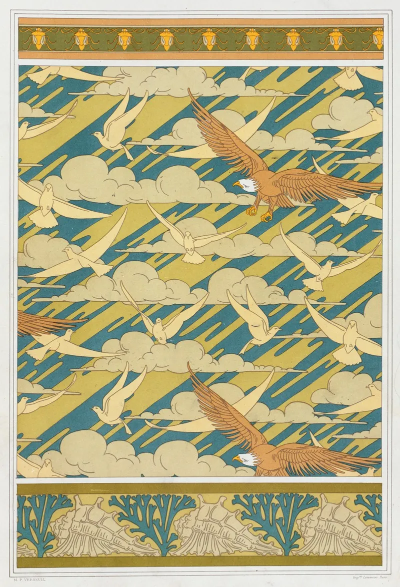 Carpocoris Bordure Aigles Et Pigeons Papier Peint Coquillages Et Algues Bordure Wall Art by Maurice Pillard Verneuil - High-Resolution Digital Print