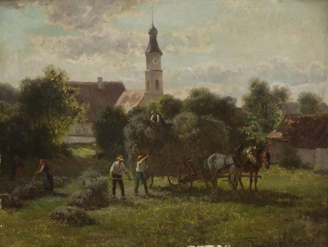 Carting Hay With A View Of The Village And The Church