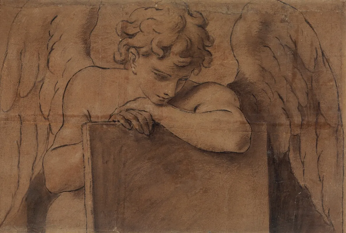 Cartoon Fragment For Adolescent Angel Leaning On A Tablet Or Closed Book Wall Art by Marcantonio Franceschini - High-Resolution Digital Print