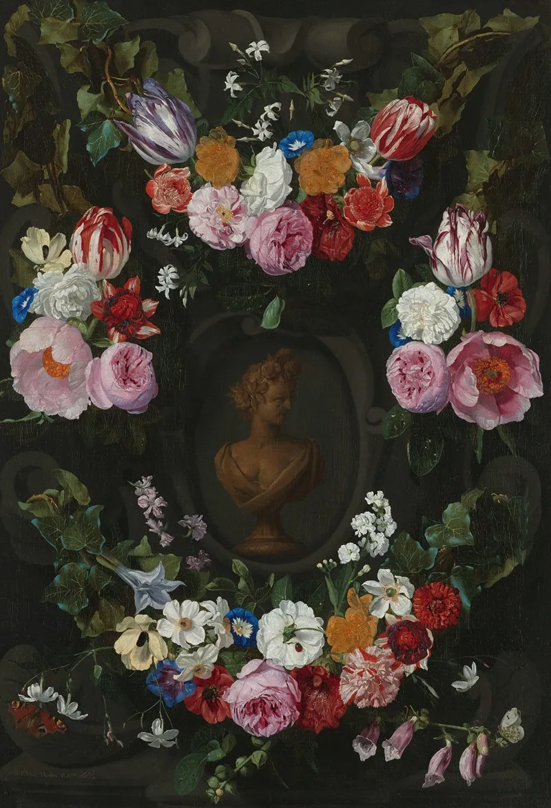 Cartouche Decorated With Swags And Sprays Of Flowers Wall Art by Jan Philips van Thielen - High-Resolution Digital Print