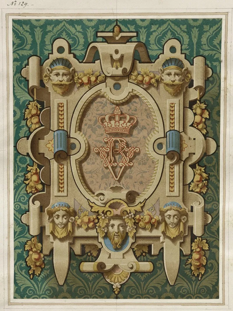 Cartouche Neo Renaissance A Cuirs Et Mascarons Monogramme Vr Surmonte Dune Couronne Royale Wall Art by Laurent Gsell - High-Resolution Digital Print