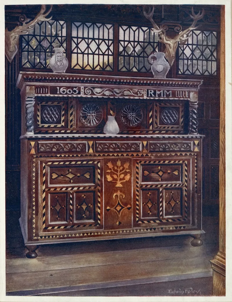 Carved And Inlaid Oak Court Cupboard Wall Art by Edwin Foley - High-Resolution Digital Print