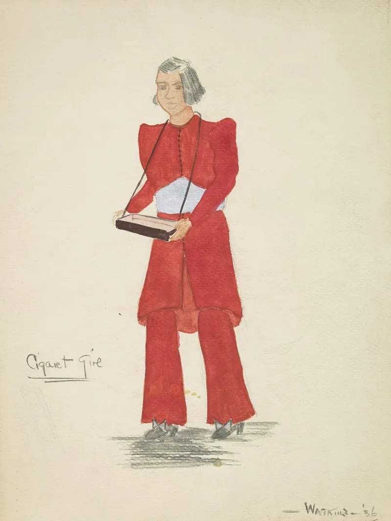 Case Of Philip Lawrence Cigarette Girl Red Outfit With Silver Blue Belt Carrying A Tray