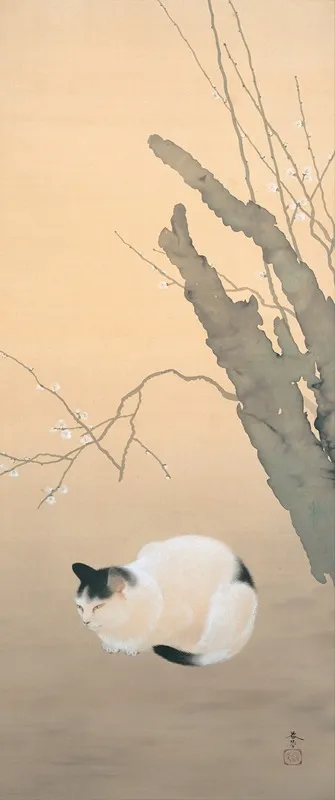 Cat And Plum Blossoms Wall Art by Hishida shunso - High-Resolution Digital Print