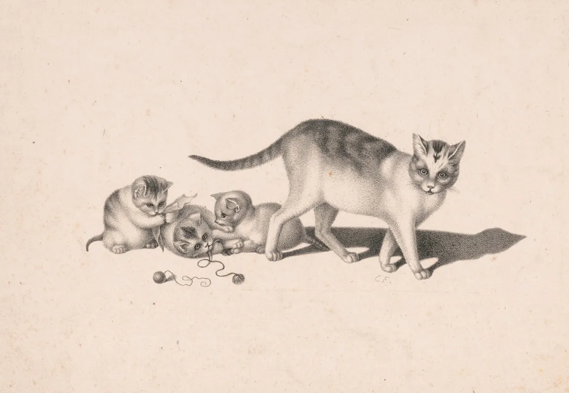 Cat And Three Kittens Playing With String And Paper Wall Art by Charles Fenderich - High-Resolution Digital Print