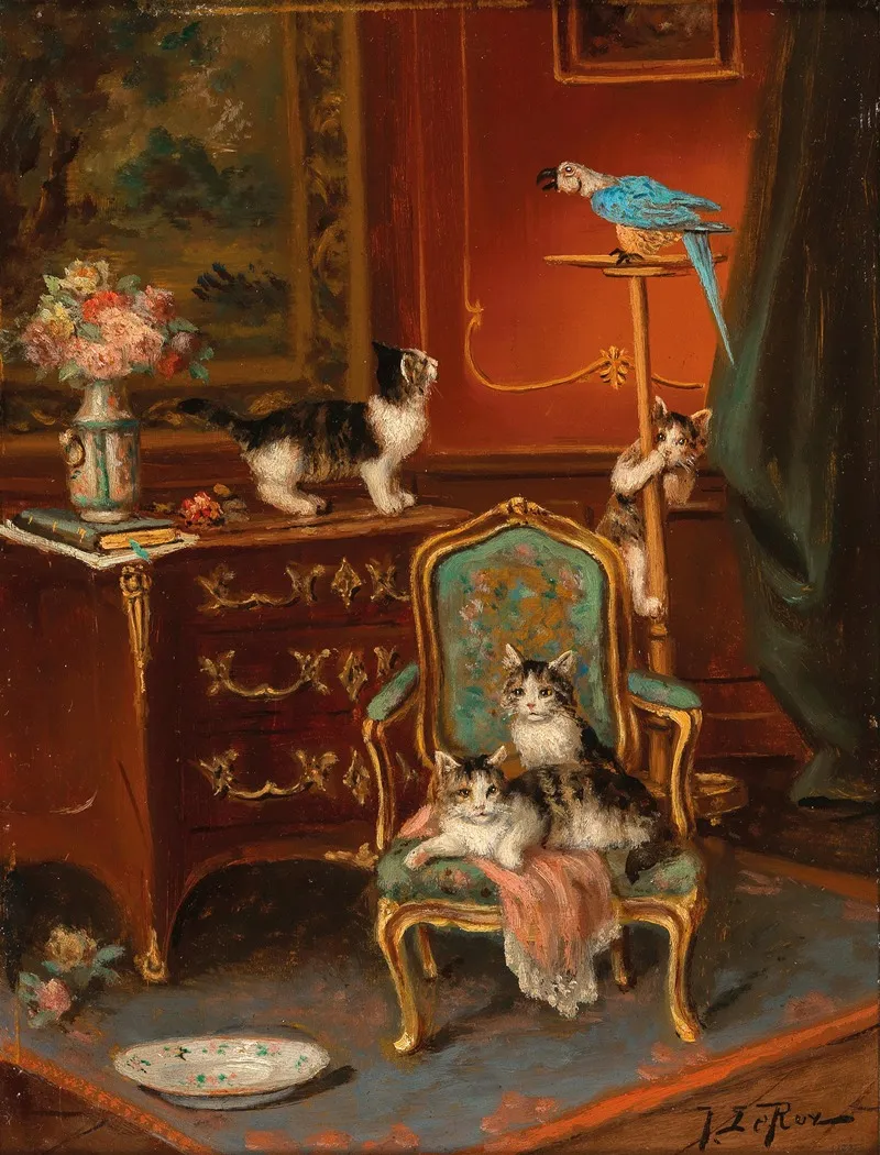 Cats Playing With A Parrot Wall Art by Jules Le Roy - High-Resolution Digital Print