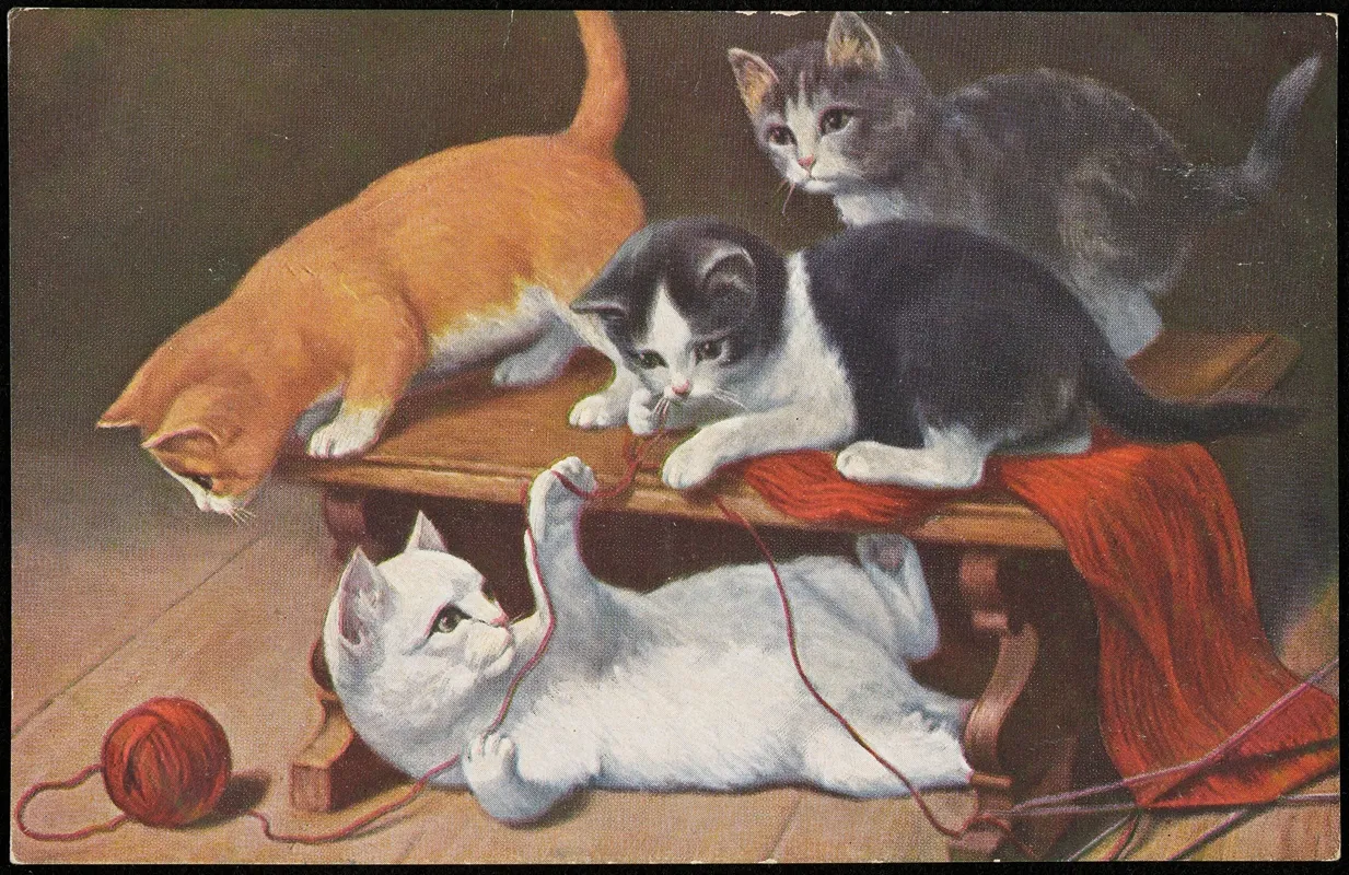 Cats Playing With Knitting And A Ball Of Wool Wall Art by O.G.Z.-L - High-Resolution Digital Print