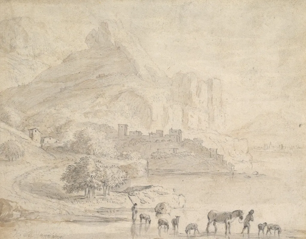 Cattle And Shepherds In A Southern Mountainous Landscape