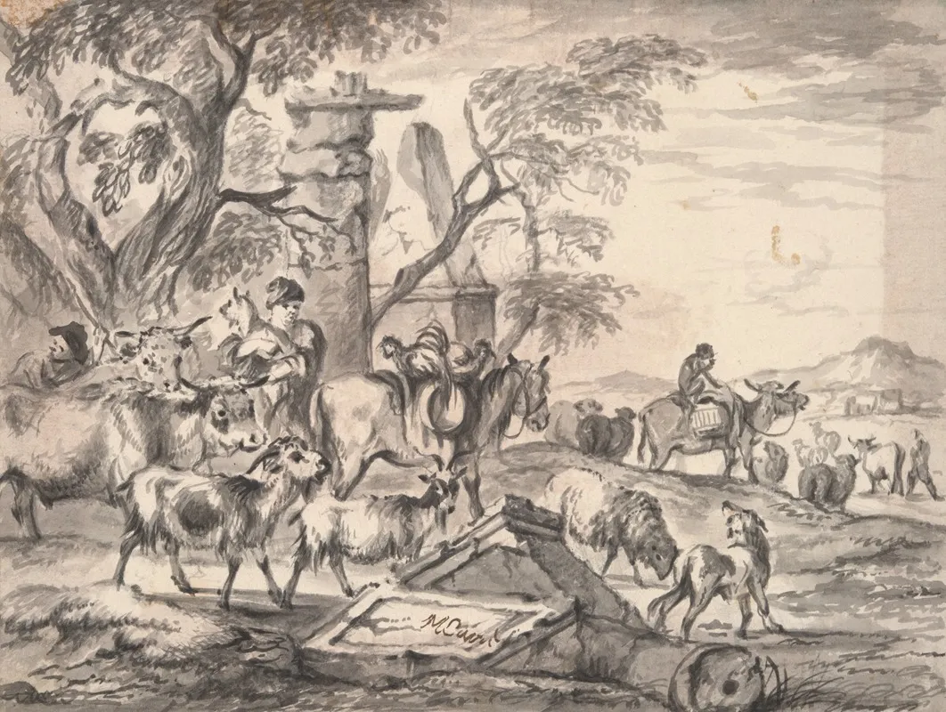 Cattle And Shepherds Near Ruins Late Wall Art by Michiel Carree - High-Resolution Digital Print
