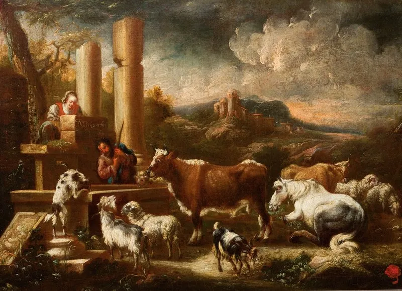 Cattle At The Ruins Of The Temple Wall Art by Johann Mathias Wuzer - High-Resolution Digital Print