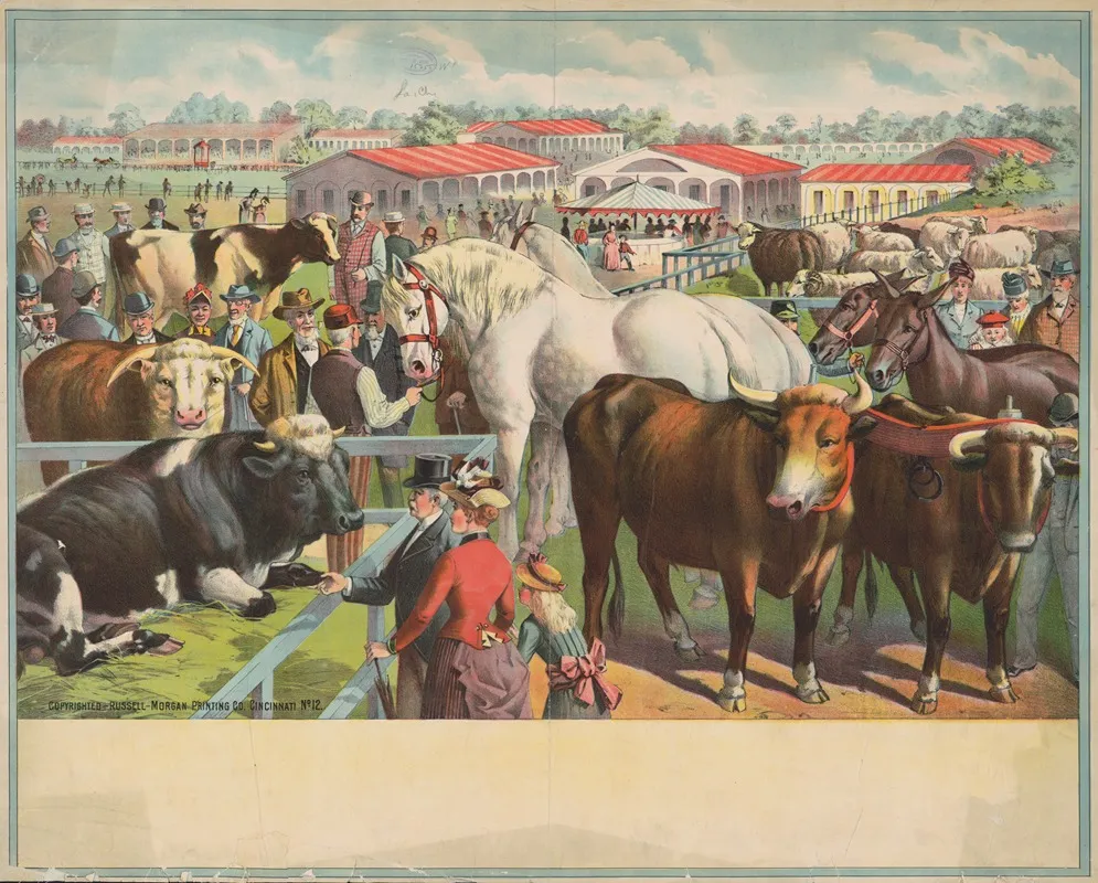 Cattle Horses And People At The Fair With Stables In The Background Wall Art by Russell, Morgan &amp; Co. - High-Resolution Digital Print