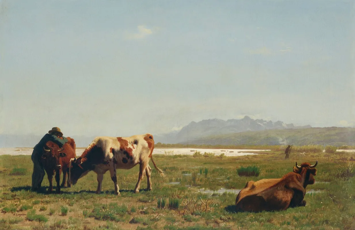 Cattle In A Lakeside Pasture Wall Art by Albert Lugardon - High-Resolution Digital Print