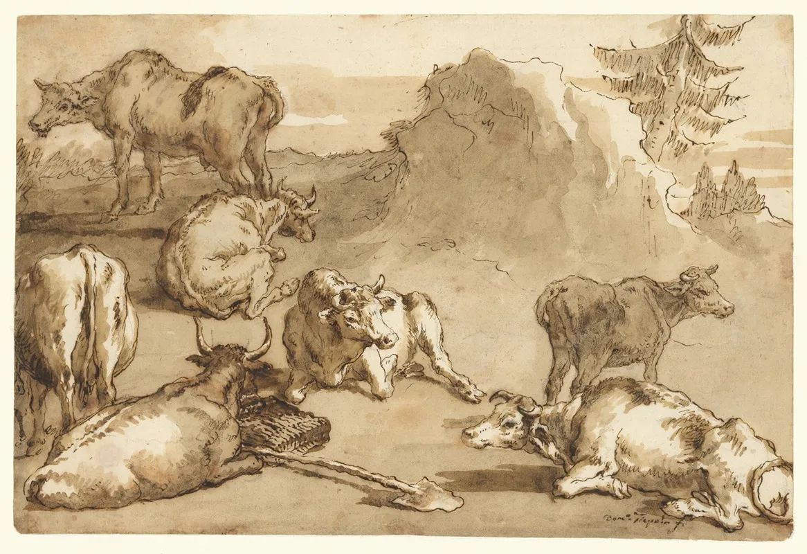 Cattle In A Landscape Wall Art by Giovanni Domenico Tiepolo - High-Resolution Digital Print