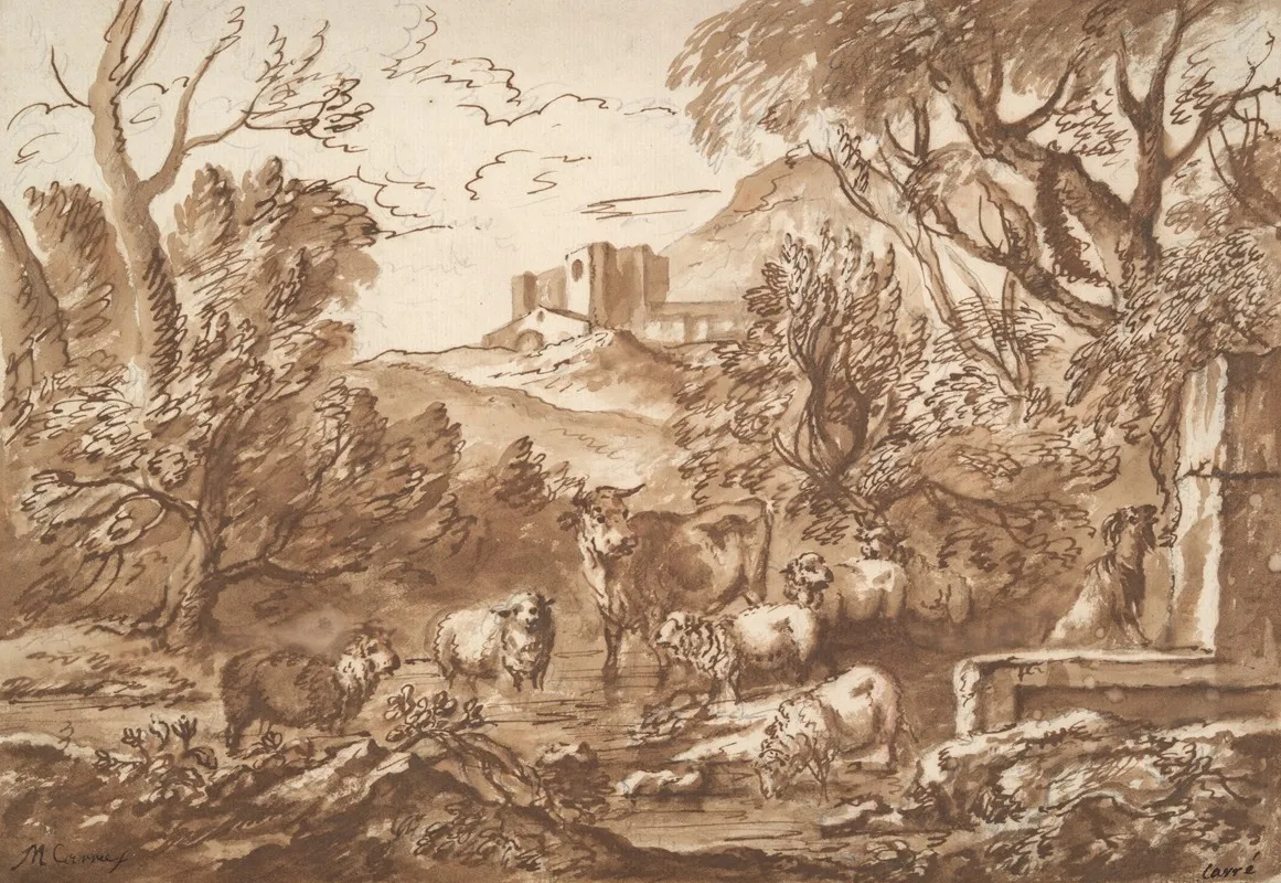 Cattle In A Watering Place Near A Fountain Late Wall Art by Michiel Carree - High-Resolution Digital Print