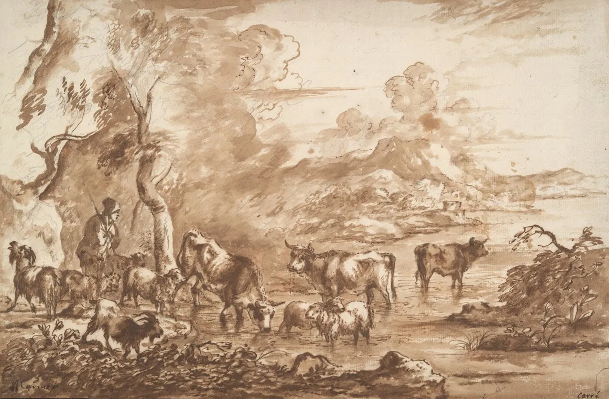 Cattle In A Watering Place Wall Art by Michiel Carree - High-Resolution Digital Print