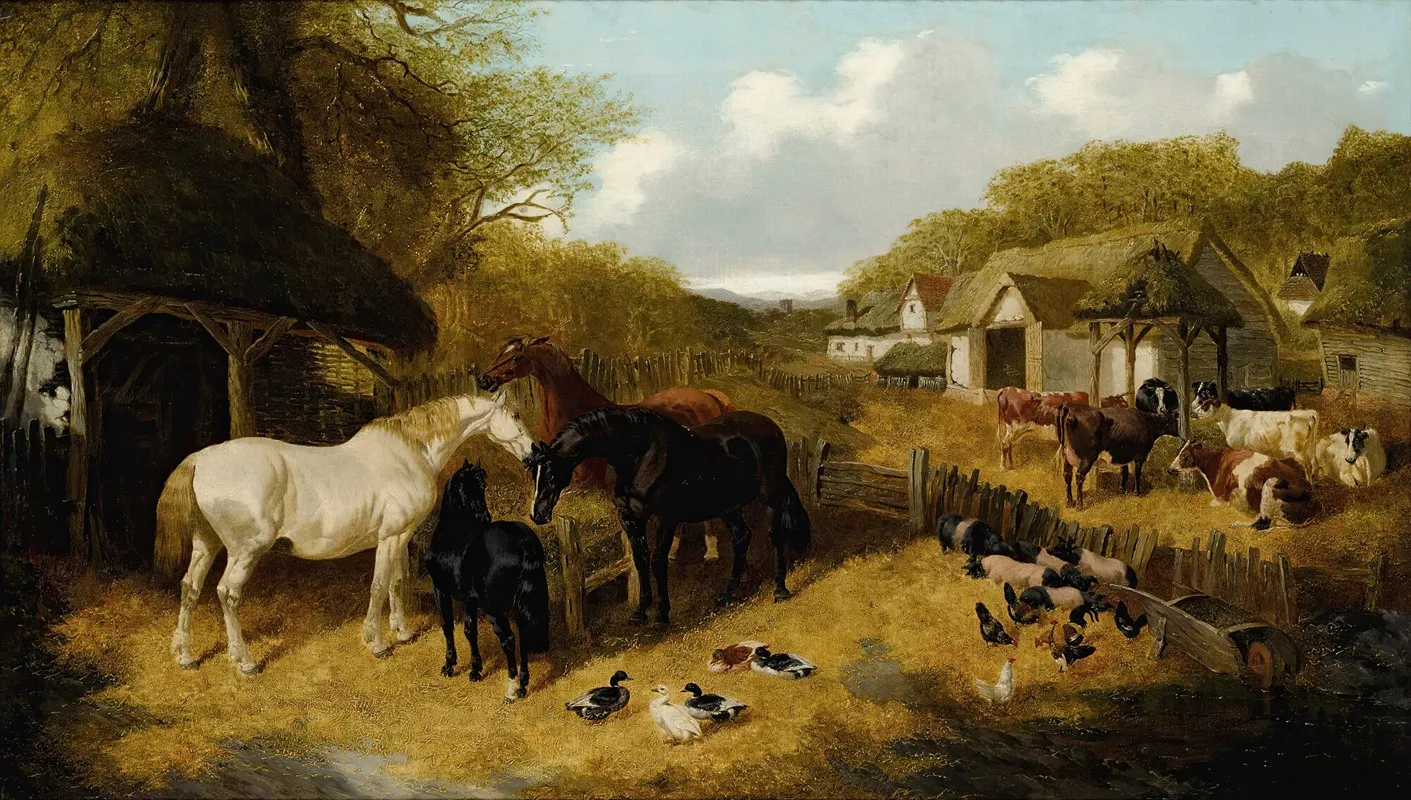 Cattle Pigs Ducks Chickens And Horses In A Farmyard Wall Art by John Frederick Herring Jr. - High-Resolution Digital Print