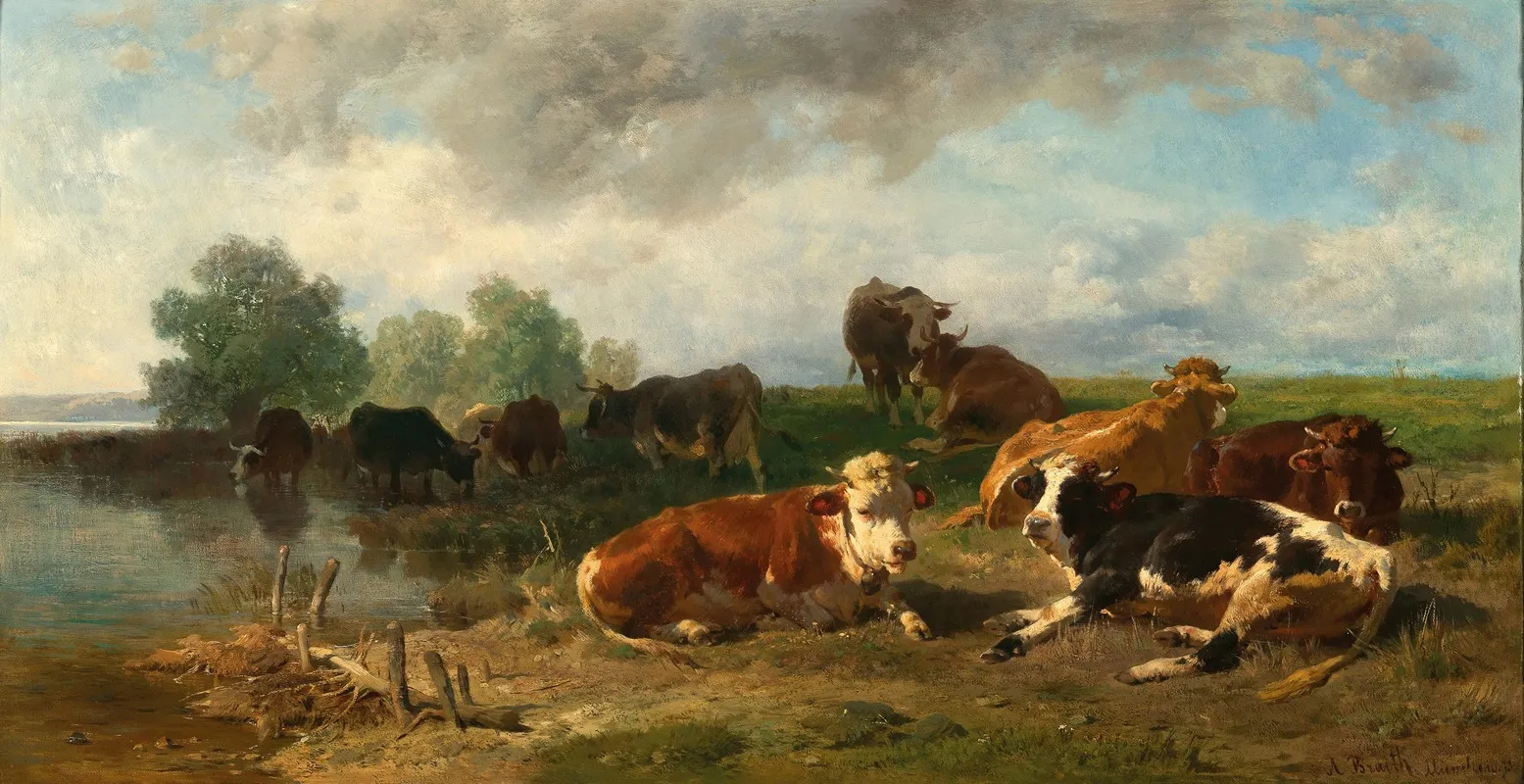 Cattle Resting On The Lakeside Wall Art by Anton Braith - High-Resolution Digital Print