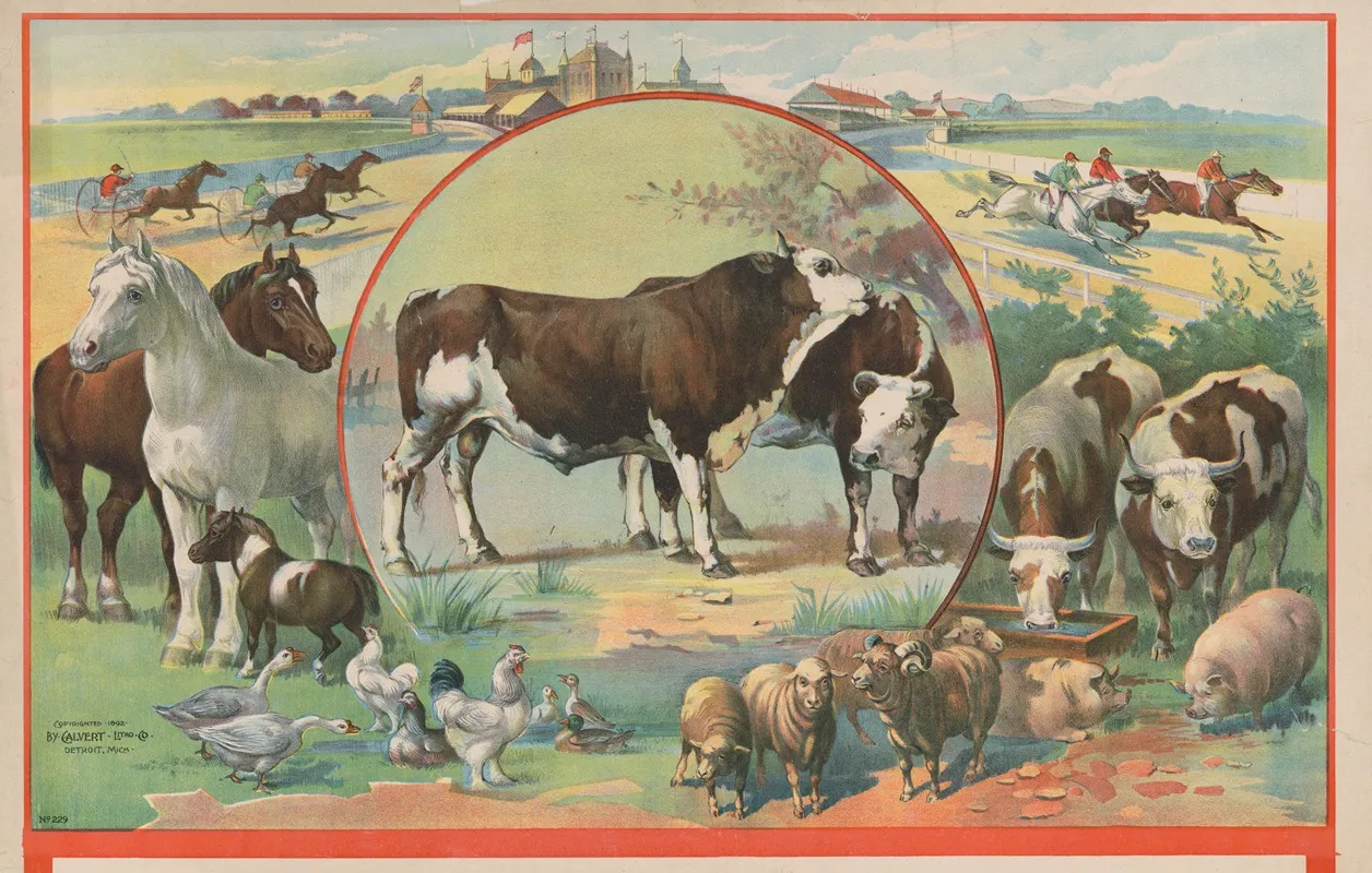 Cattle Surrounded By Farm Animals And Horse Racetrack Wall Art by Calvert Litho. Co - High-Resolution Digital Print