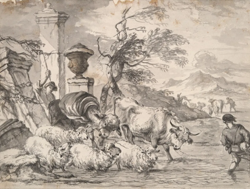 Cattle Wasing Through A Flooded Stream Wall Art by Michiel Carree - High-Resolution Digital Print
