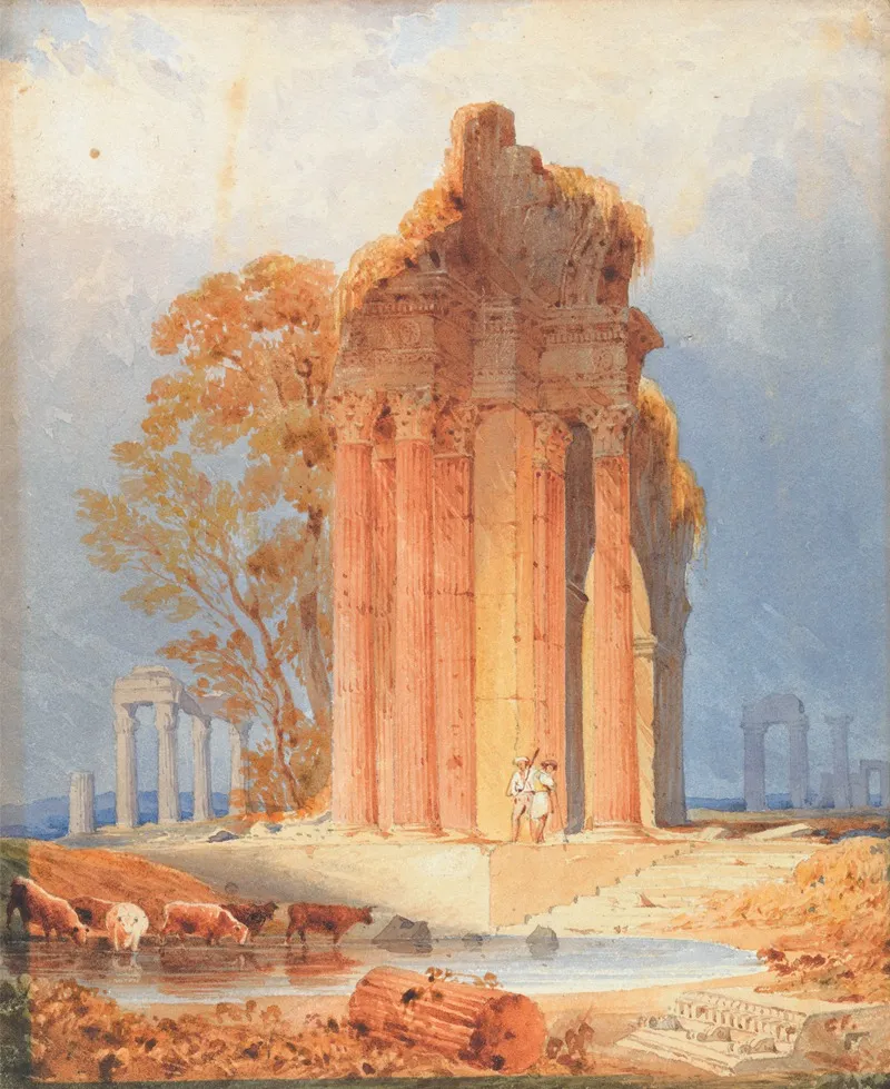 Cattle Watering By Corinthian Columns