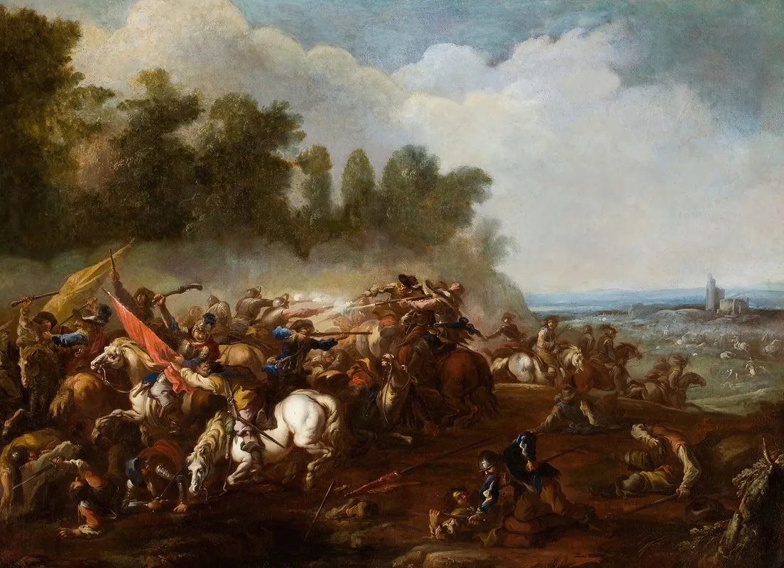 Cavalry Skirmish In An Extensive Landscape With Village In The Distance Wall Art by Manner Of Adam Frans Van Der Meulen - High-Resolution Digital Print