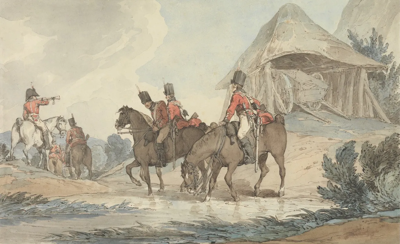 Cavalrymen Passing Through A Stream Being Mustered By A Trumpeter Wall Art by John Augustus Atkinson - High-Resolution Digital Print