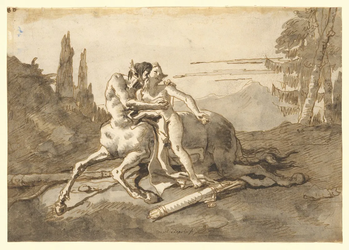 Centaur Embracing Nymph In A Wild Landscape Wall Art by Giovanni Domenico Tiepolo - High-Resolution Digital Print