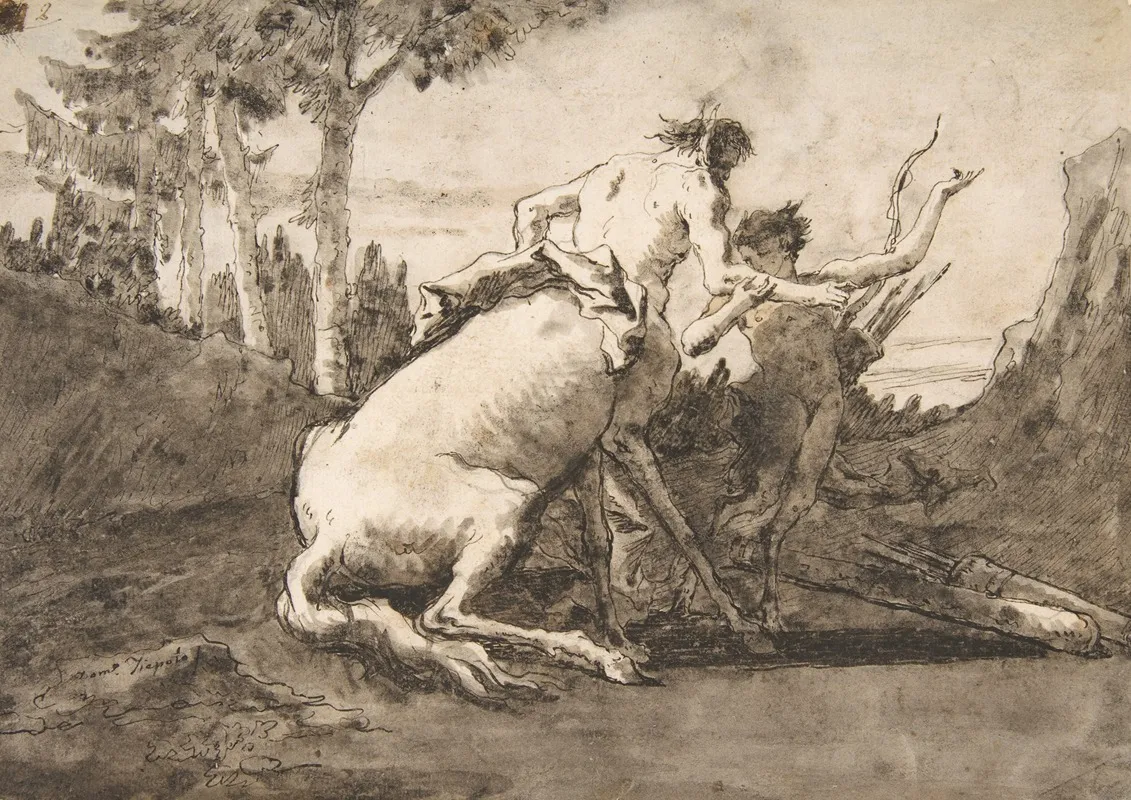 Centaur With A Young Satyr Wall Art by Giovanni Domenico Tiepolo - High-Resolution Digital Print