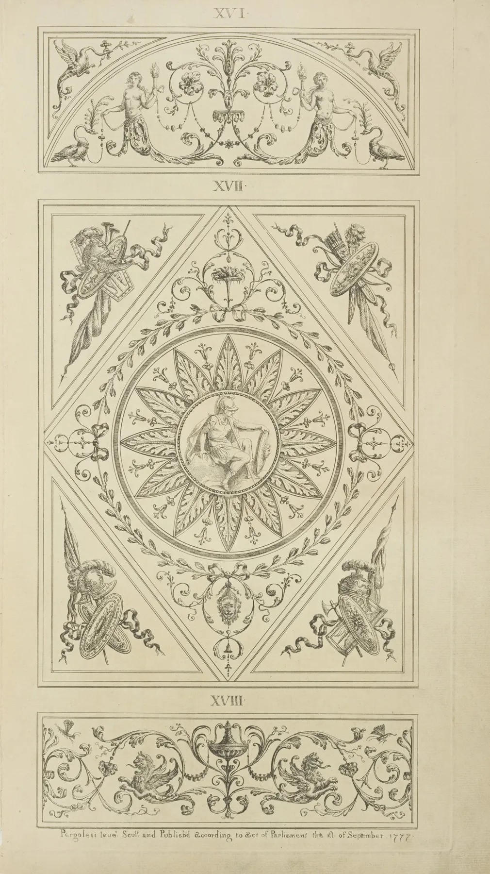 Center Design Of Twelve Leafed Floral Shape With Central Design Of Classical Soldier Wall Art by Michael Angelo Pergolesi - High-Resolution Digital Print