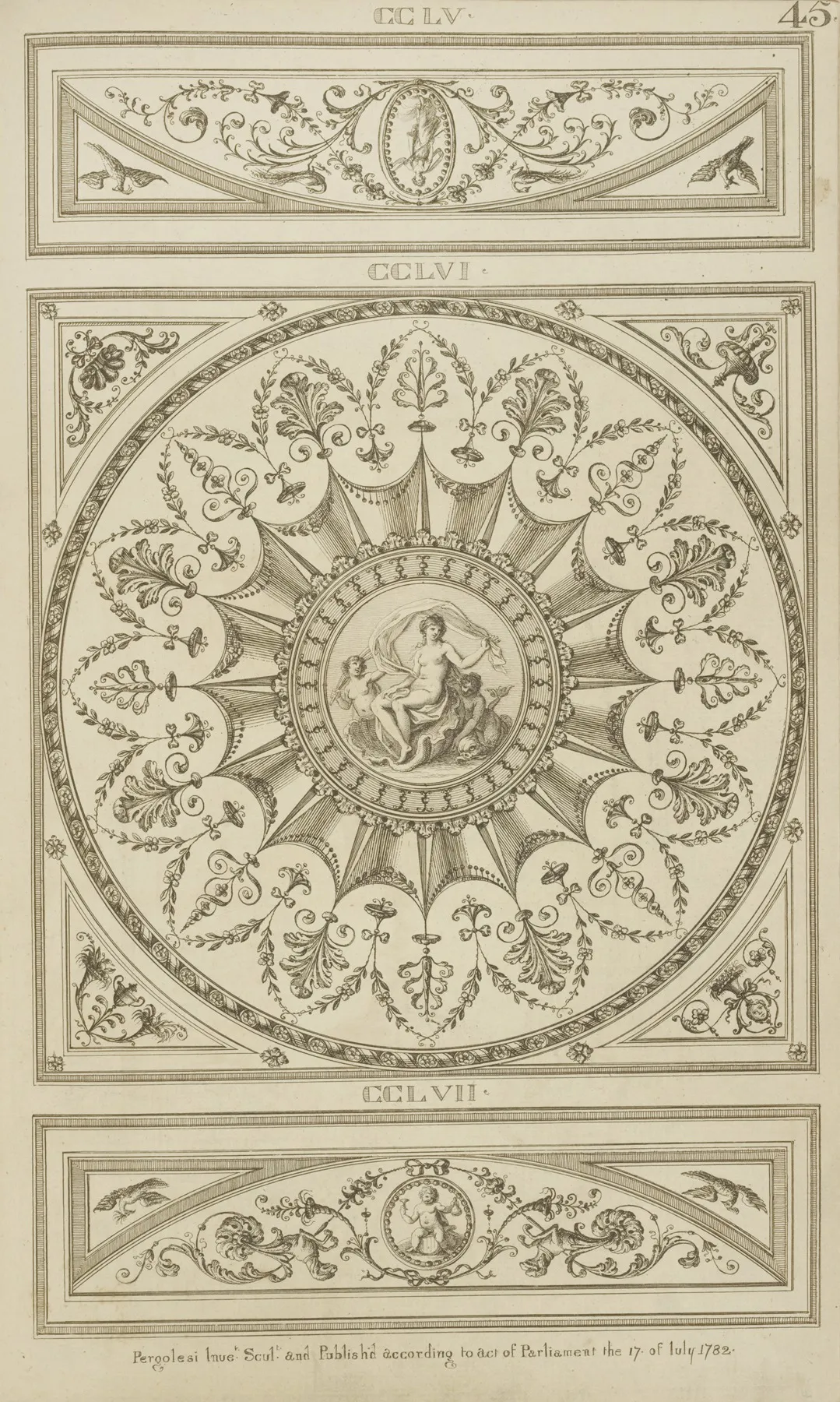 Central Design Containing Scene Of Birth Of Venus Attended By Two Mermaids And A Dolphin Wall Art by Michael Angelo Pergolesi - High-Resolution Digital Print