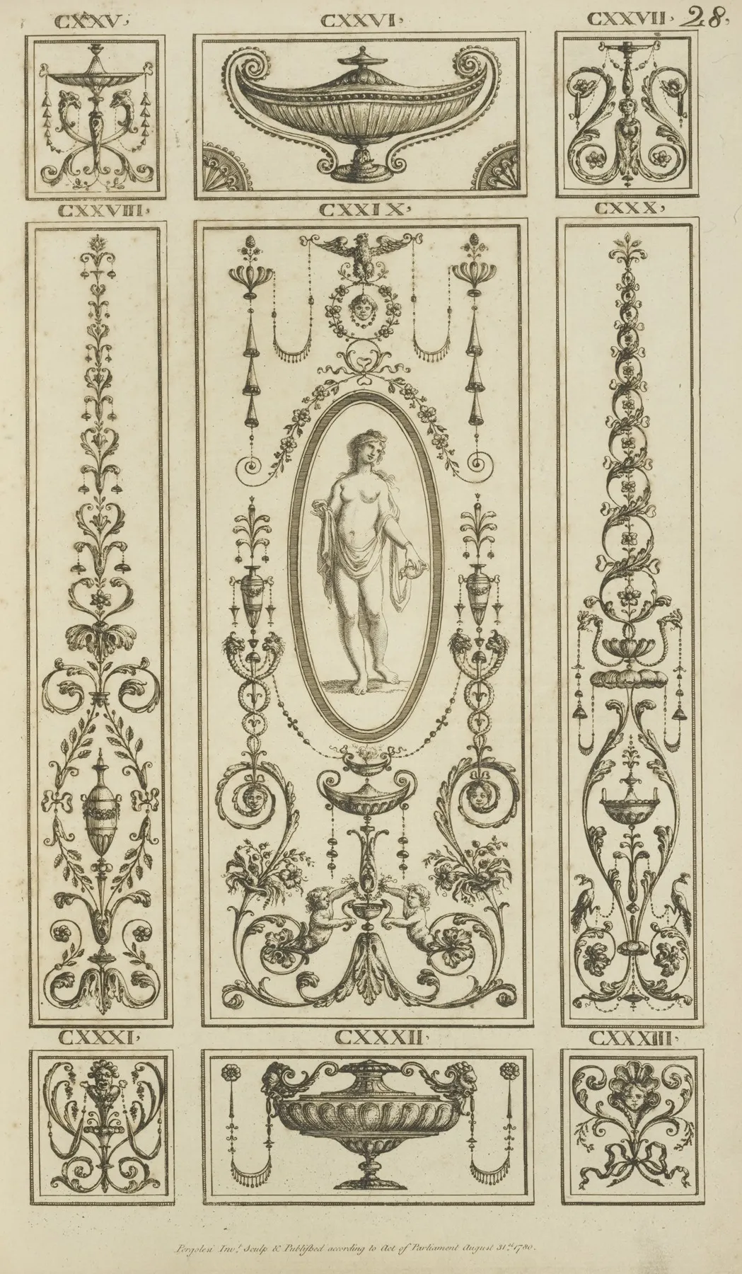 Central Design Of Nude Woman With Drape Holding Small Vase Wall Art by Michael Angelo Pergolesi - High-Resolution Digital Print