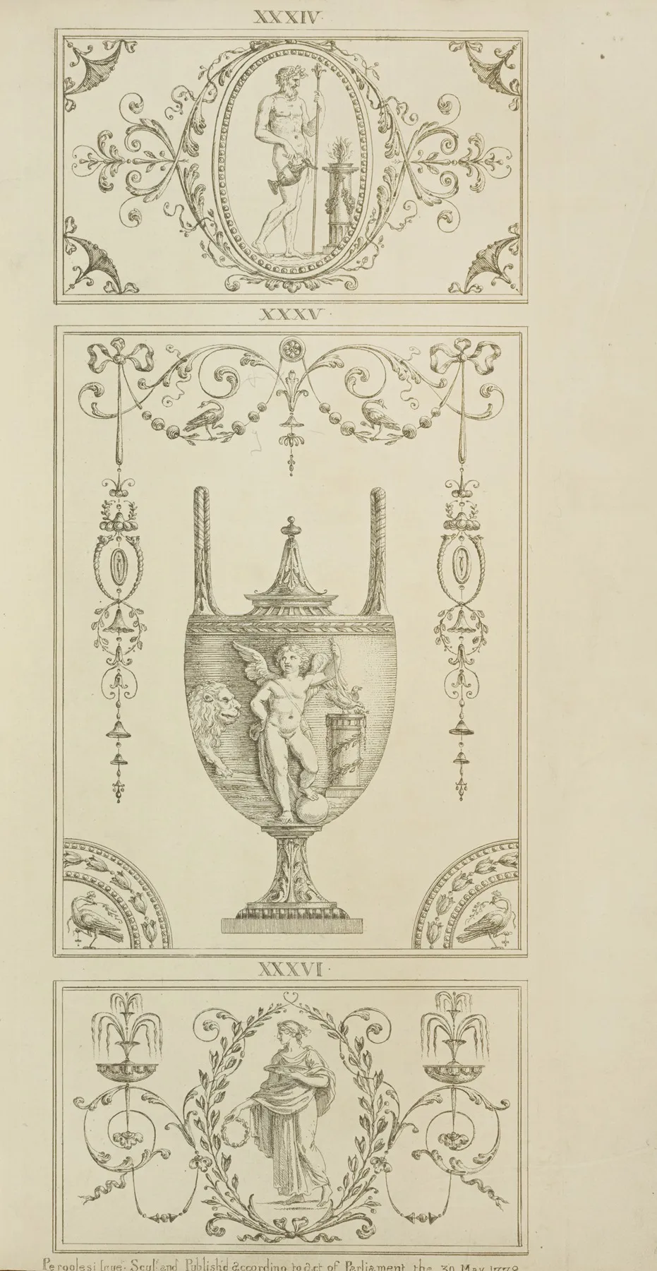 Central Design Of Urn Cherub Holding Two Birds Next To A Lion Wall Art by Michael Angelo Pergolesi - High-Resolution Digital Print