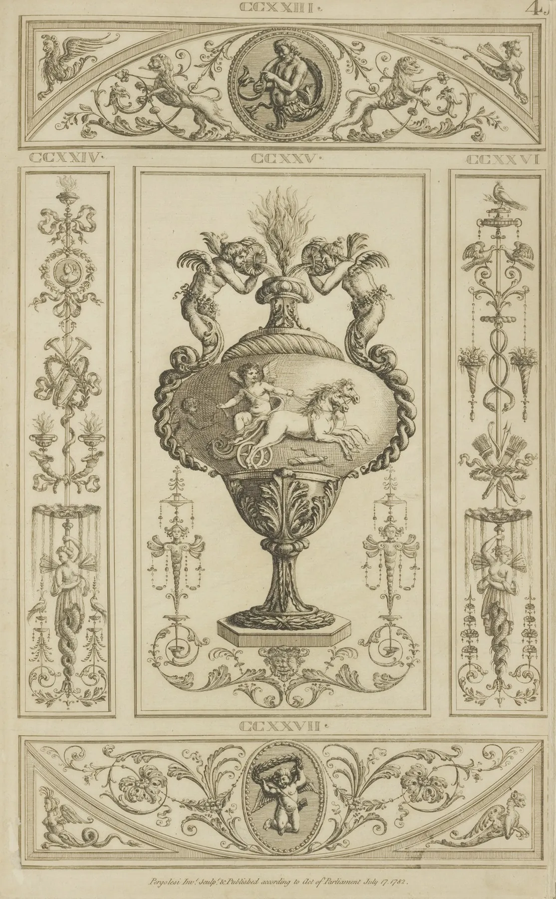 Central Design Of Urn With Design Of Cherub Driving Horse Drawn Chariot Wall Art by Michael Angelo Pergolesi - High-Resolution Digital Print