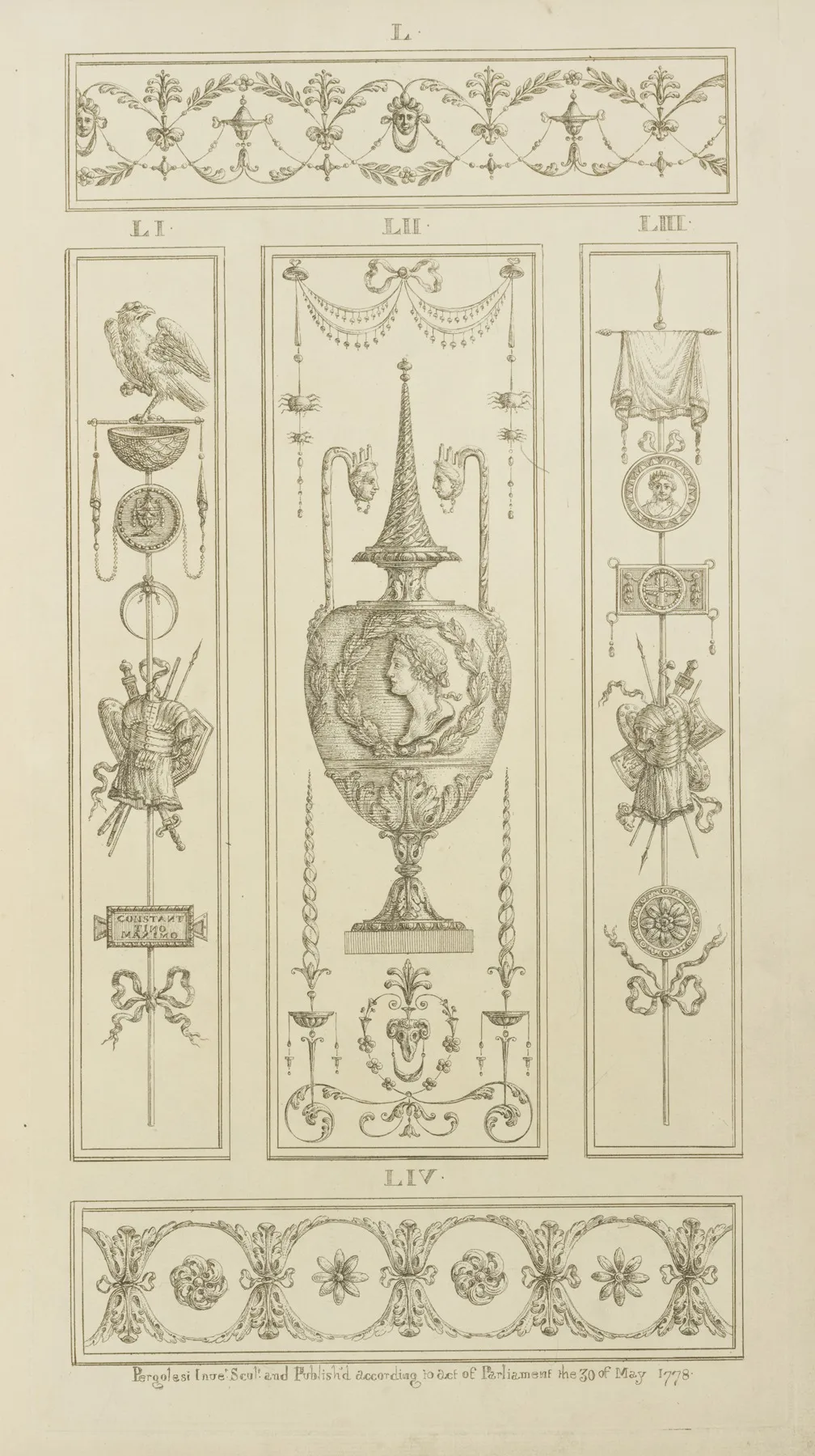 Central Design Of Urn With Garland And Mans Bust And Two Long Handles With Faces Wall Art by Michael Angelo Pergolesi - High-Resolution Digital Print