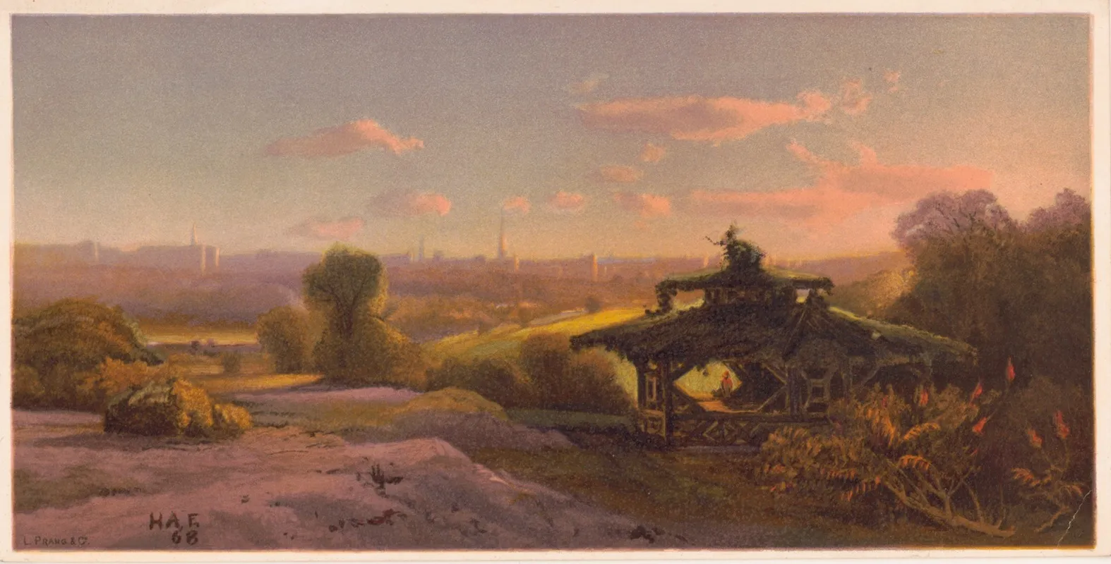 Central Park Views No 3 Rustic Summer House And City Evening Wall Art by Henry Augustus Ferguson - High-Resolution Digital Print