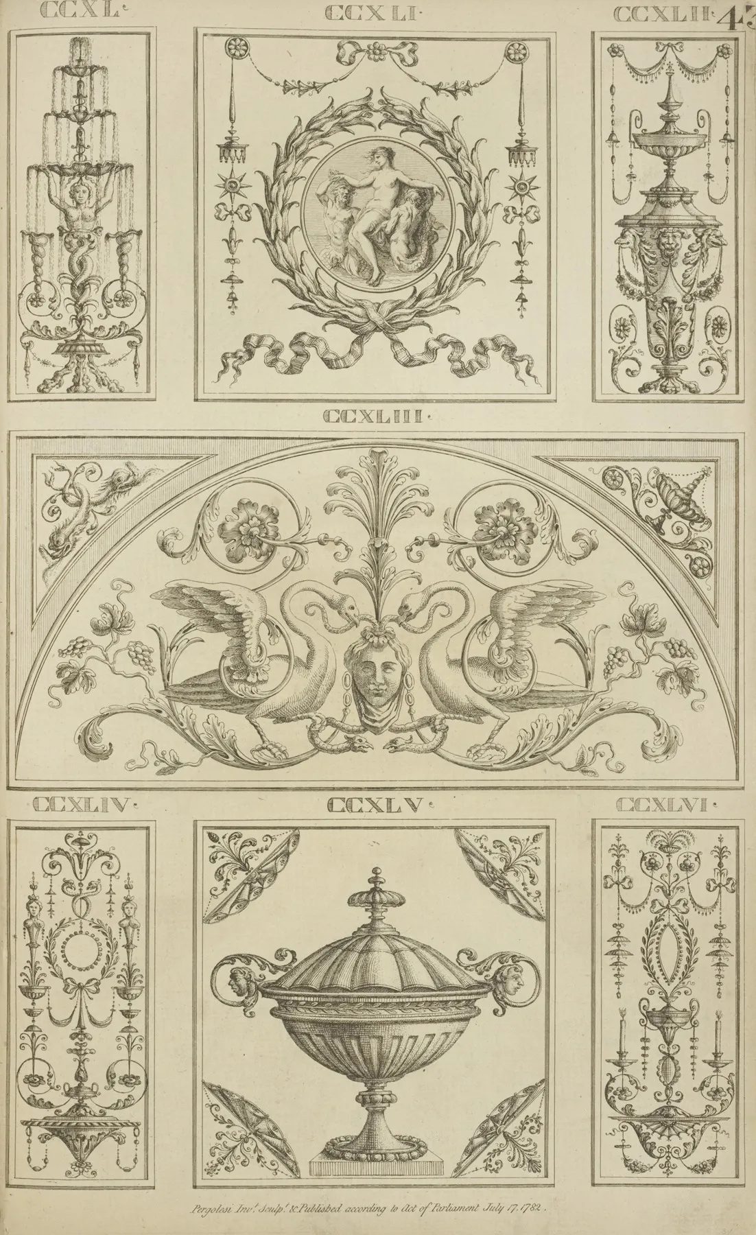 Central Tympanum Shaped Design With Two Swans And A Womans Face Wall Art by Michael Angelo Pergolesi - High-Resolution Digital Print