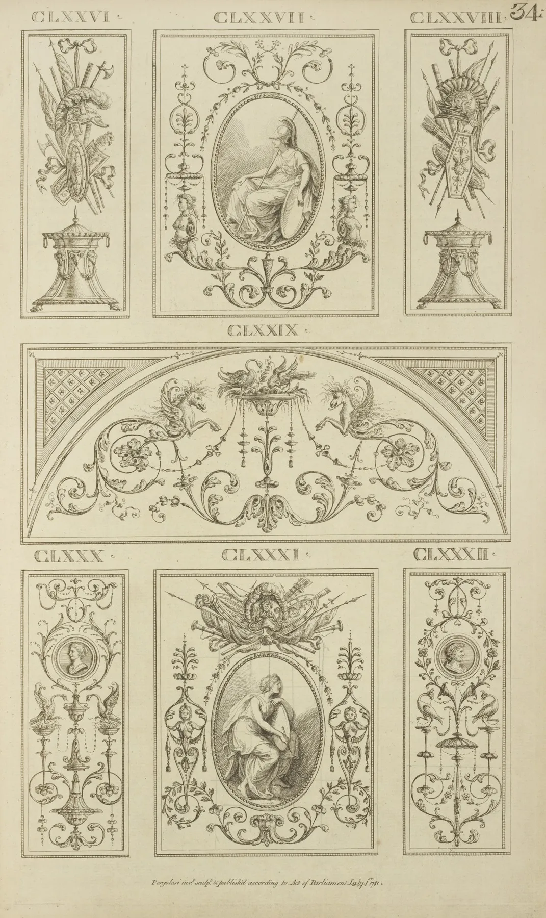 Central Tympanum Shaped Ornamental Design With Curling Vegetal Shapes Sea Monsters And Birds Wall Art by Michael Angelo Pergolesi - High-Resolution Digital Print