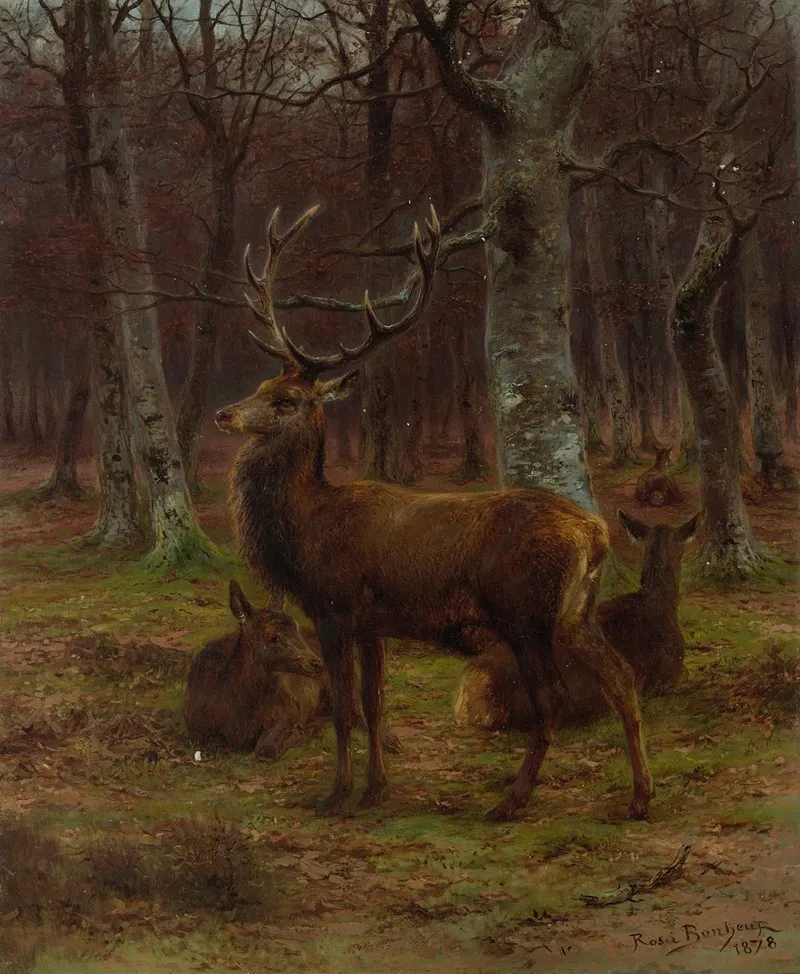 Cerf Et Biches Dans La Foret Automne