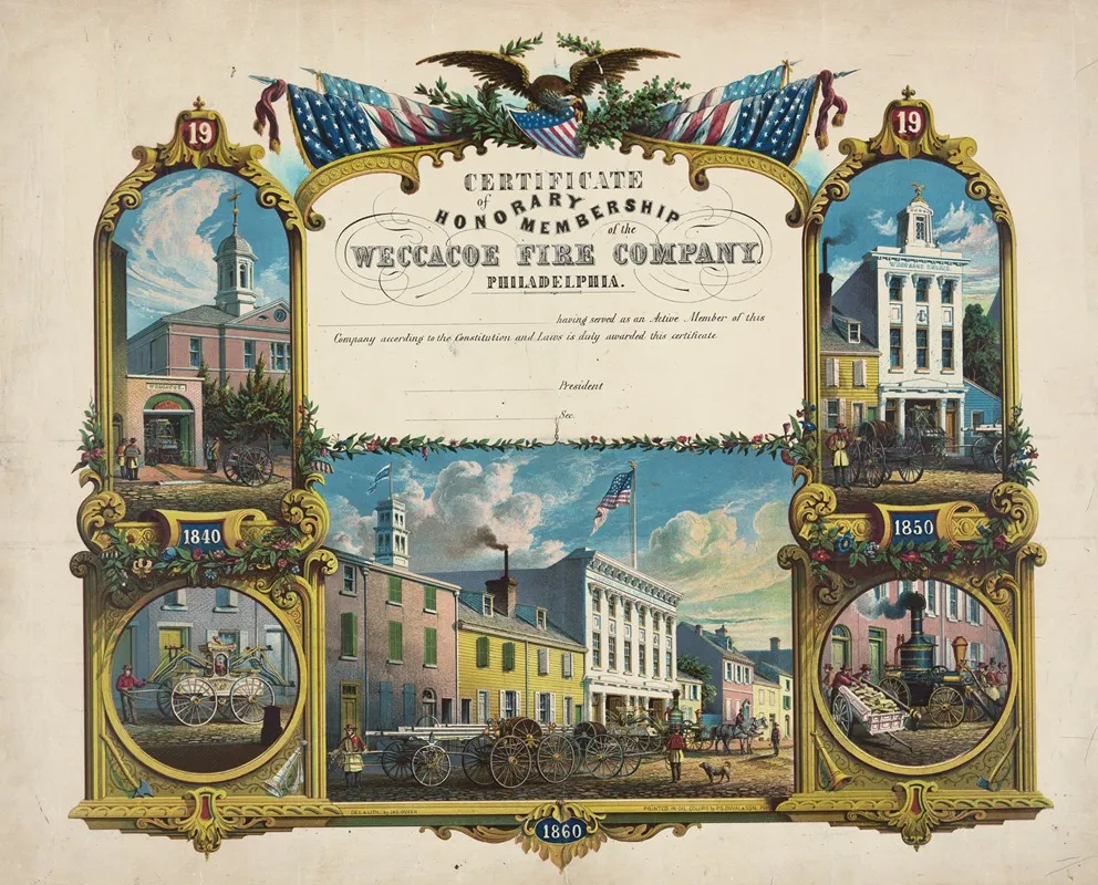 Certificate Of Honorary Membership Of The Weccacoe Fire Company Philadelphia