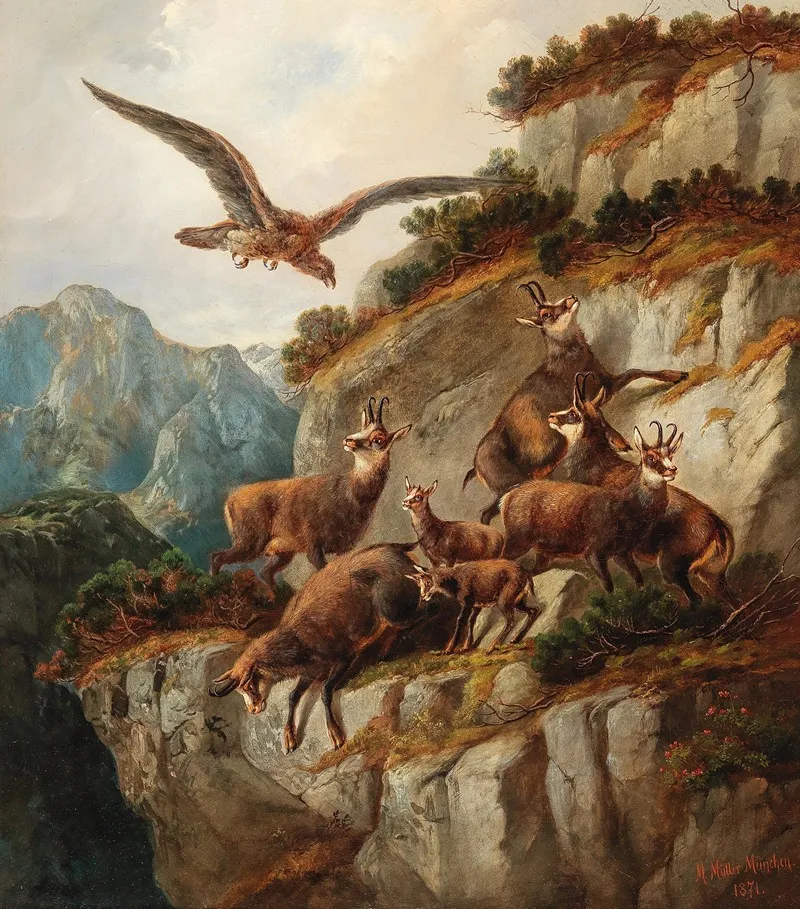 Chamois And Eagle On A Steep Cliff Face