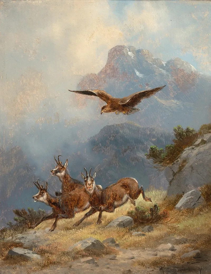Chamois Pursued By An Eagle Wall Art by Moritz Müller II - High-Resolution Digital Print